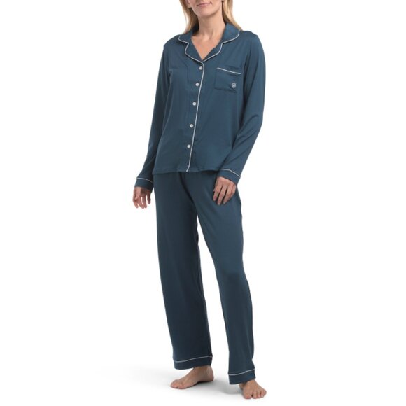 BORN Peacock Long Sleeve Notch Collar Pants Pj Set With Contrast Trim - Picture 1 of 2